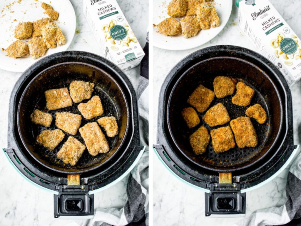 Two side by side photos of breaded tofu pieces in an air fryer basket - 1 before frying and one after