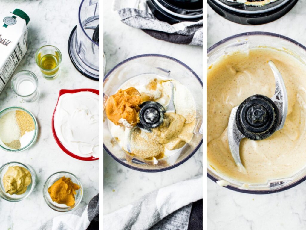 Three side by side photos showing the process of blending an easy vegan blue cheese dip