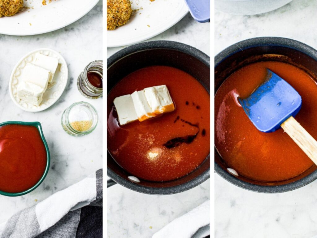 Three side by side photos showing the process of making vegan buffalo sauce