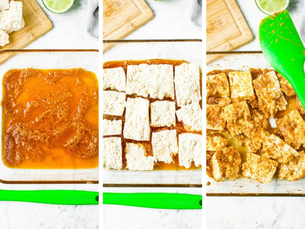 Three side by side photos showing the process of marinating tofu pieces to make vegan buffalo wings