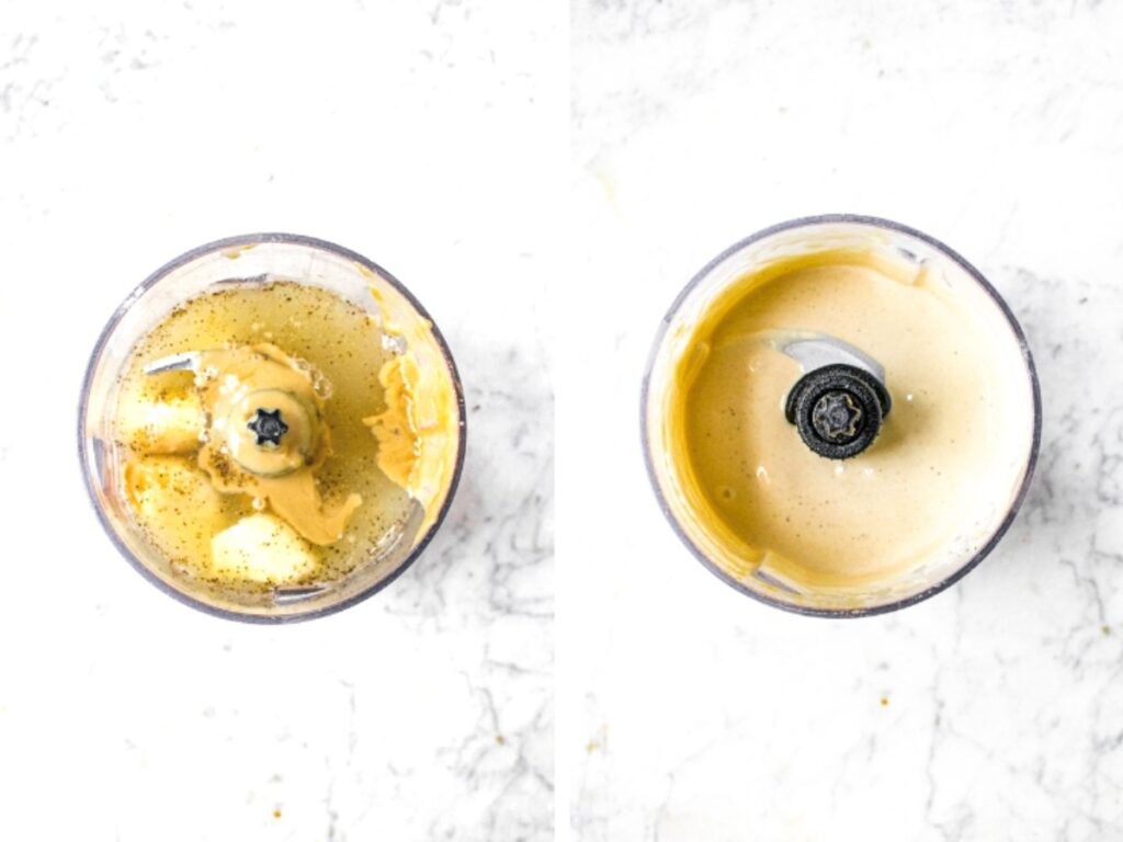 Two side by side photos of a small food processor before and after blending vegan tahini sauce