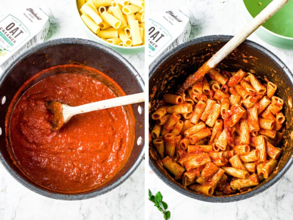 Two side by side photos. On the left, is a pot of vegan vodka sauce. On the right is a shot of the sauce after stirring in the rigatoni.