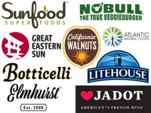 9 brand logos on a white background: Sunfood, Great Eastern Sun, Botticelli, Elmhurst, No Bull Burgers, California Walnuts, Litehouse, Atlantic Natural Foods, Louis Jadot