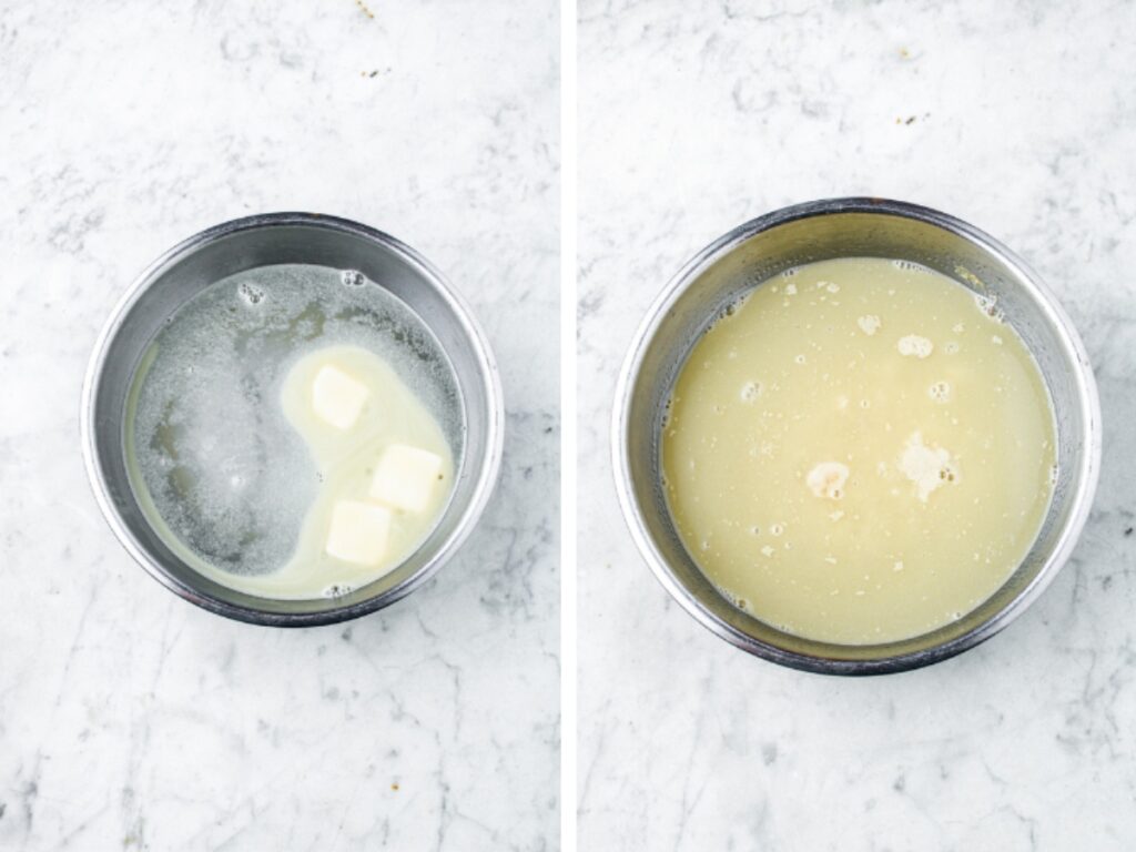 Two side by side photos of a small metal bowl before and after the yeast has bloomed