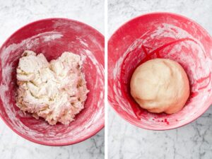 Two side by side photos of a red bowl with pretzel dough in it: one before kneading where the dough is shaggy and one after kneading when the dough is smooth