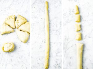 Three side by side photos of the process of forming homemade pretzel bites: cut into pieces, roll into a long snake, and cut into 1 inch pieces