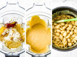 A grid with three photos showing the process of blending the silken tofu cheese sauce and mixing it with the shell pasta