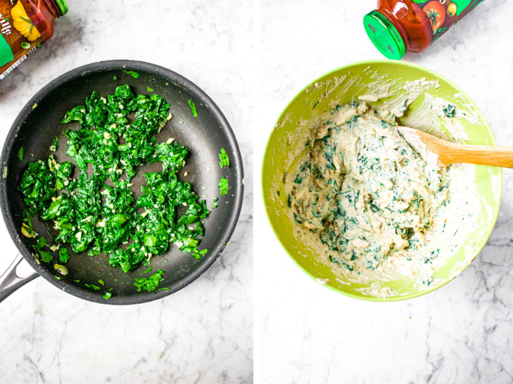 Two overhead photos showing the process of sauteing spinach and mixing it with vegan ricotta for stuffed shells