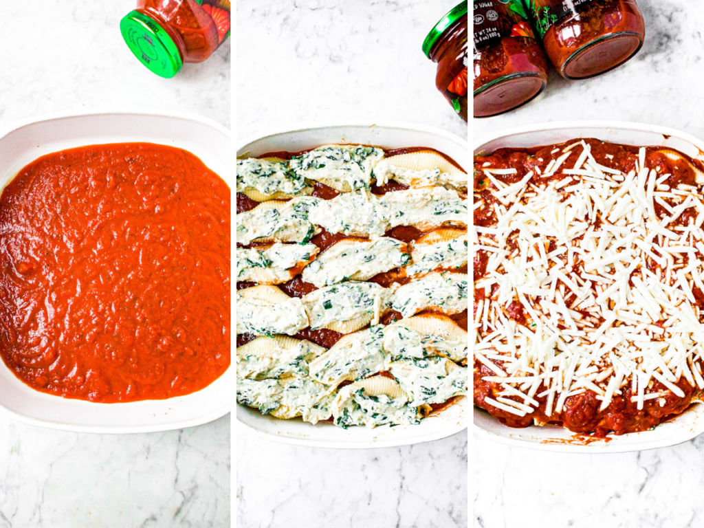 A grid with three side by side photos showing the layering process to make vegan stuffed shells: first a thin layer of tomato sauce, layer of stuffed shells, and more tomato sauce, dairy-free mozzarella shreds