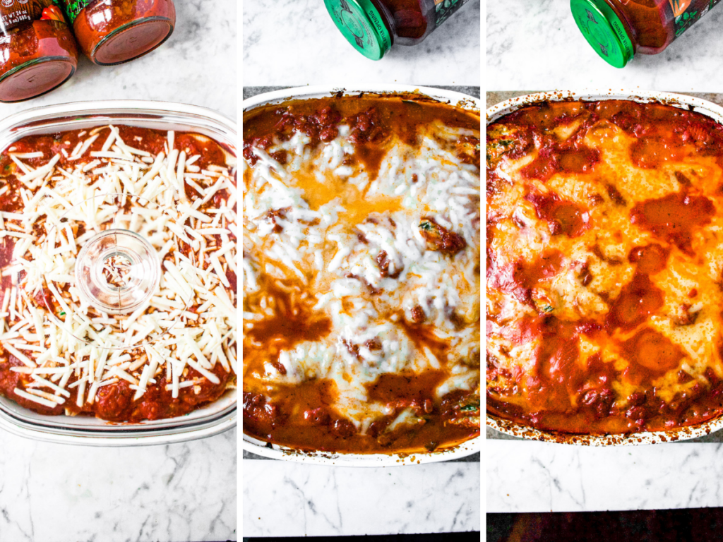 A grid with three photos showing the progression of melting vegan mozzarella on top of baked vegan stuffed shells