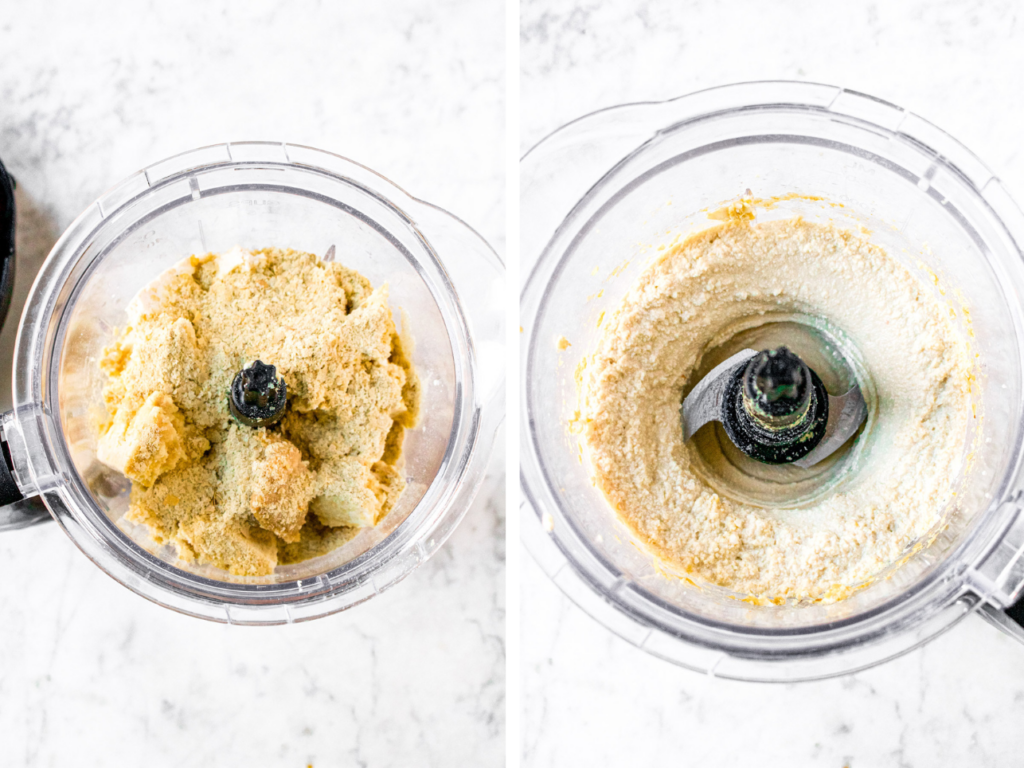 Two side by side overhead photos of an open food processor before and after blending the ingredients to make tofu ricotta