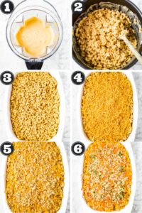 A grid with 6 photos showing the process of making baked vegan mac and cheese
