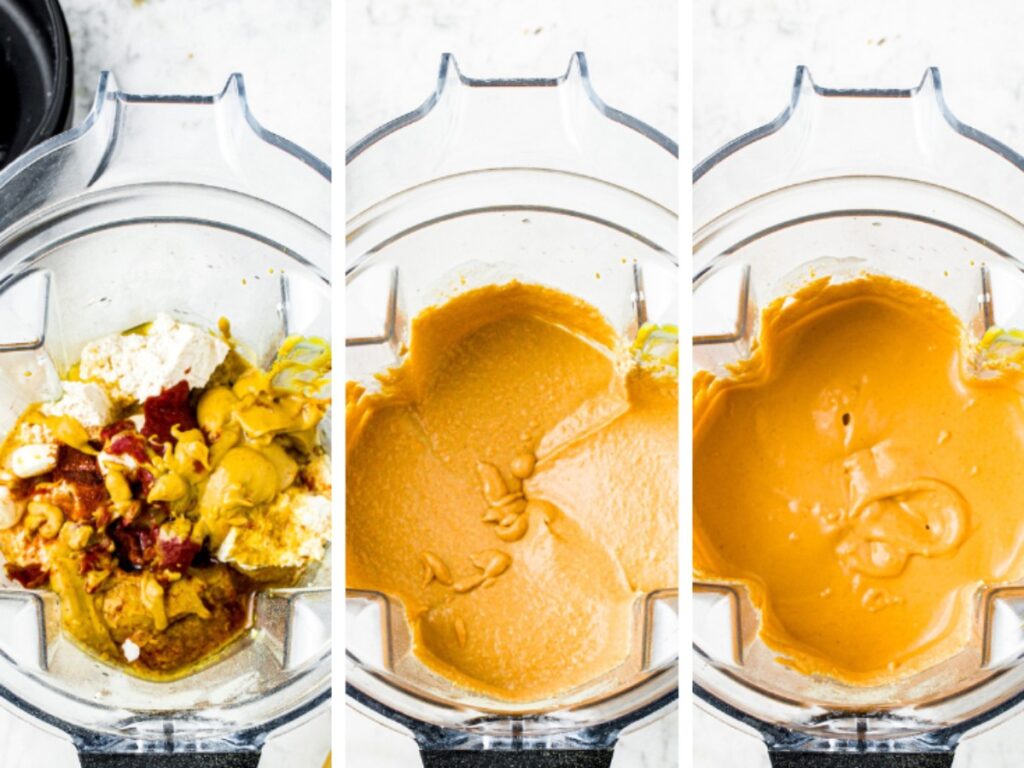 Three side by side photos showing the process of blending tofu and other ingredients into vegan beer cheese mixture