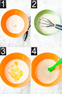 Grid with four photos showing the process of mixing vegan lemon ricotta pancake batter