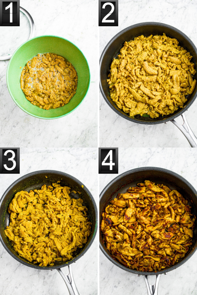 A grid of four photos showing the process of rehydrating, simmering, and sauteeing soy curls