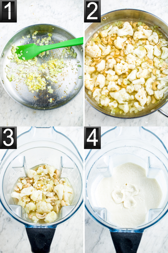 A grid of four photos showing the process of making the creamy base for vegan chicken and dumplings