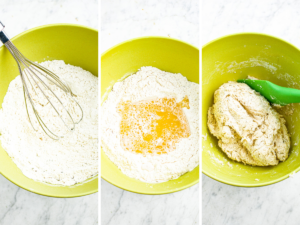 A grid with 3 photos showing the process of making vegan drop dumpling dough