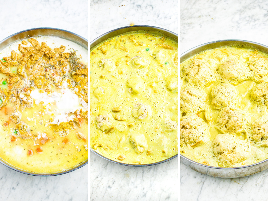 A grid with three photos showing the process of cooking vegan chicken and dumplings in a pot