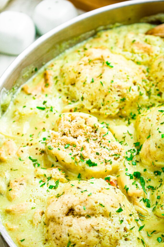 Overhead close up photo of a pot of vegetarian and dairy-free chicken and dumplings