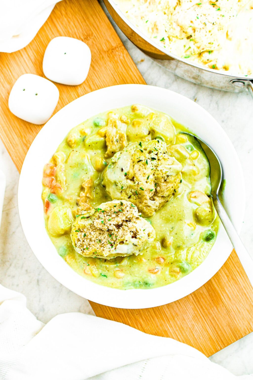 Vegan Chicken and Dumplings recipe with soy curls and veggies!