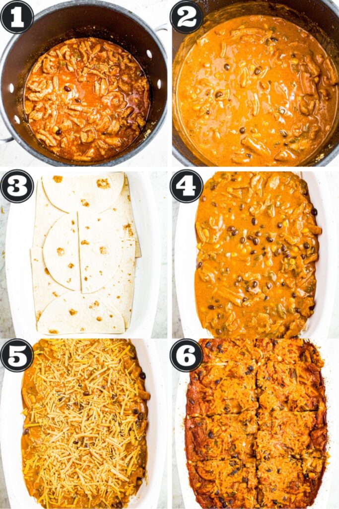 A grid of six photos walking you through the process of making plant based enchilada casserole