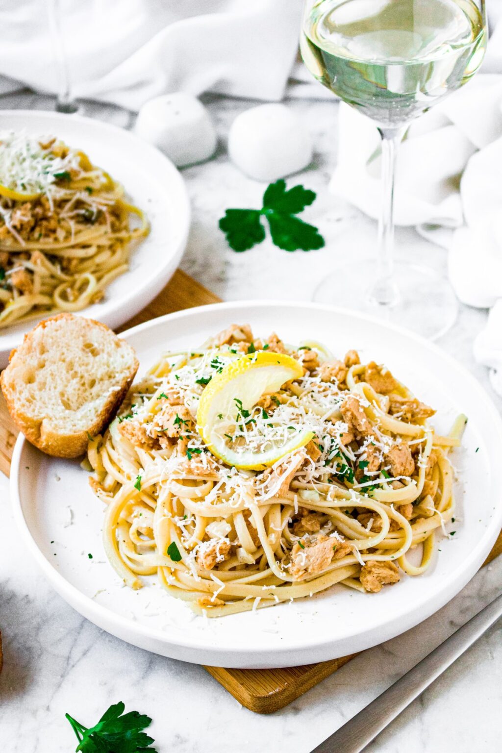 Vegan Linguine with Clam Sauce made with Soy Curl "Clams"