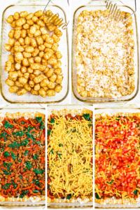 A grid with 5 photos showing the process of assembling a vegan breakfast casserole with tater tot crust