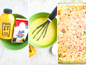 A grid with three photos showing the process of whisking JUST egg and vegan cream for plant-based breakfast casserole