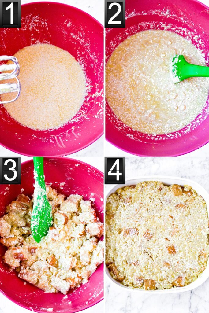 A grid with four photos of the process of making vegan pineapple souffle