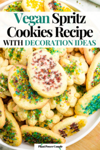 Zoomed in photo of a pile of dairy-free spritz cookies decorated like Easter eggs. Text reads: vegan spritz cookies recipe with decoration ideas