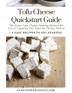 Cover photo from the vegan tofu cheese quickstart guide. Text reads: the exact tofu cheese making method we use to veganize our favorite cheesy dishes