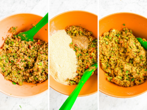 A grid of three photos showing the process of making veggie burger mix in a bowl