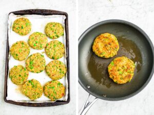 A grid of two photos showing the process of forming and pan frying homemade California veggie burgers