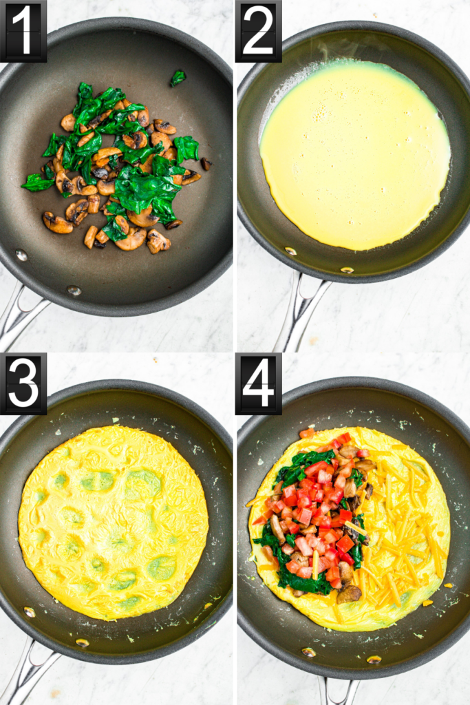 A grid with four photos showing the process of making a vegan folded omelette