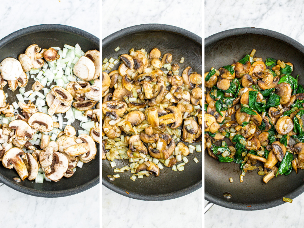 Three side by side overhead photos of a saute pan showing the process of sauteeing mushrooms and spinach for vegan quiche