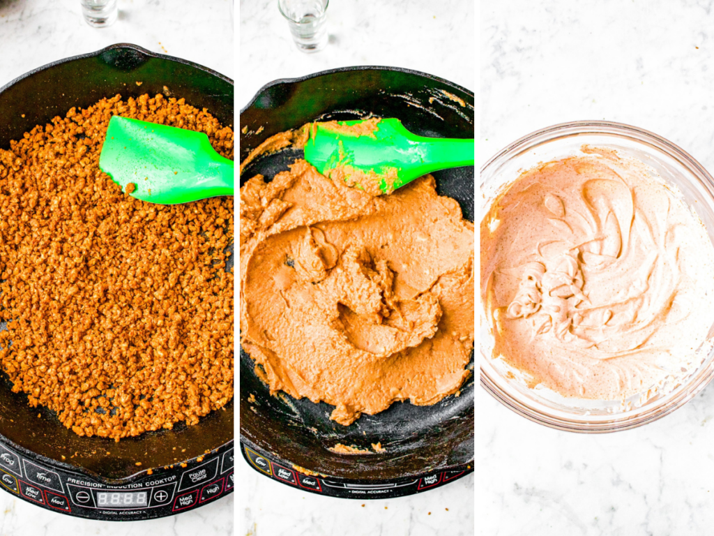 A grid of three photos showing the process of cooking vegan ground beef, heating refried beans, and seasoning vegan sour cream for taco dip