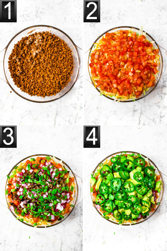 A grid with four photos showing the process of layering ingredients to make a vegan taco dip