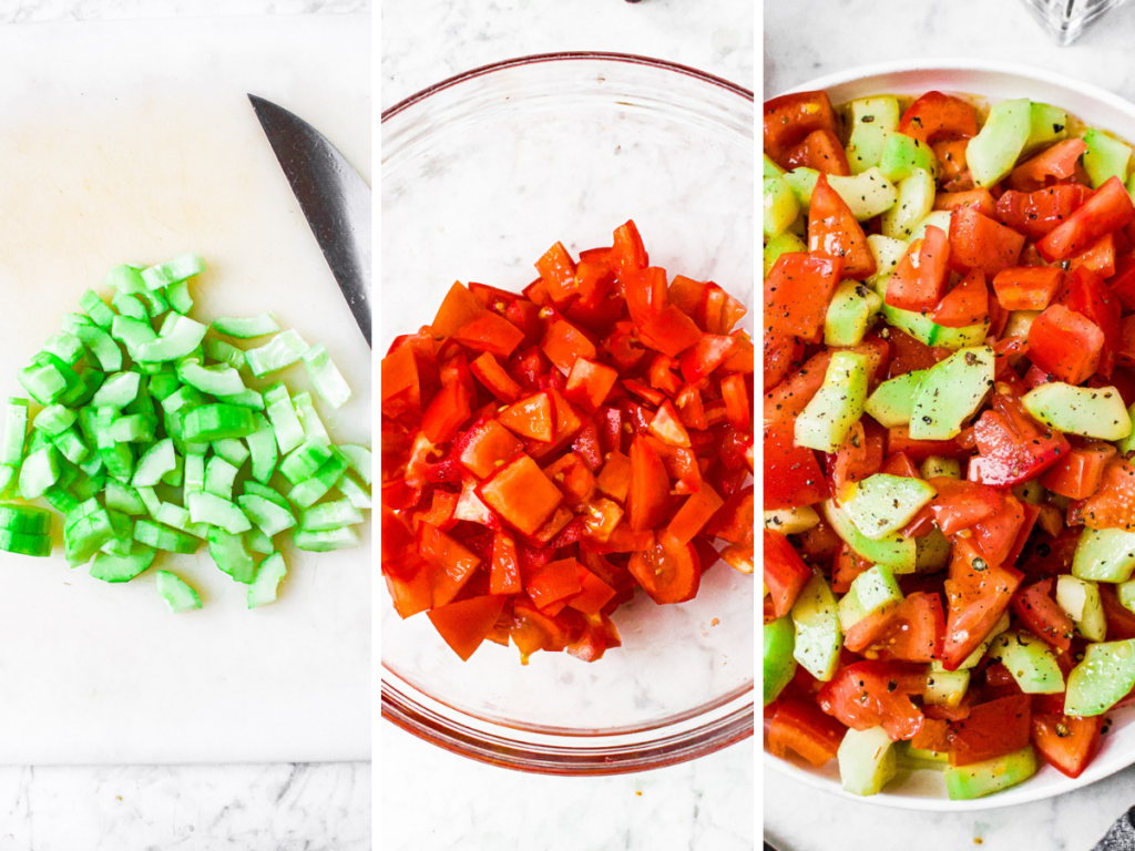 Grid with 3 photos showing the process of making cucumber tomato salad