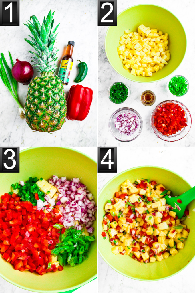 A grid of four photos showing the process of making fresh pineapple salsa