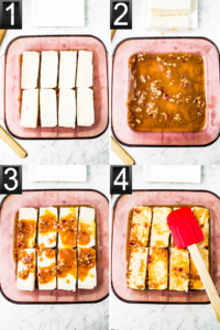 Four photos showing the process of layering tofu cutlets in teriyaki marinade