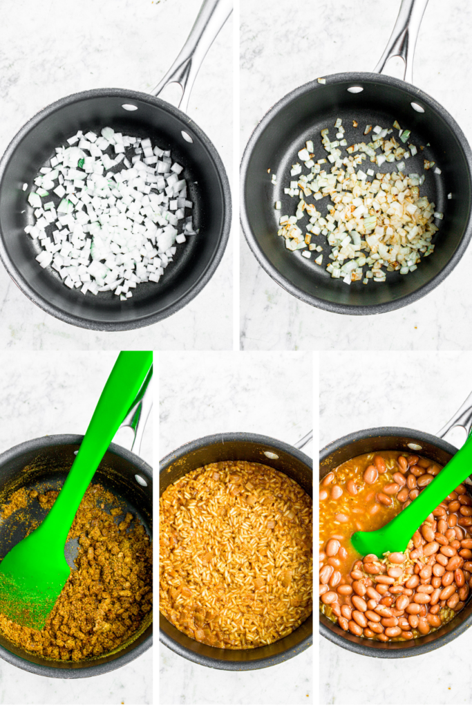 A grid with 5 photos showing the process of making rice and beans in one pot