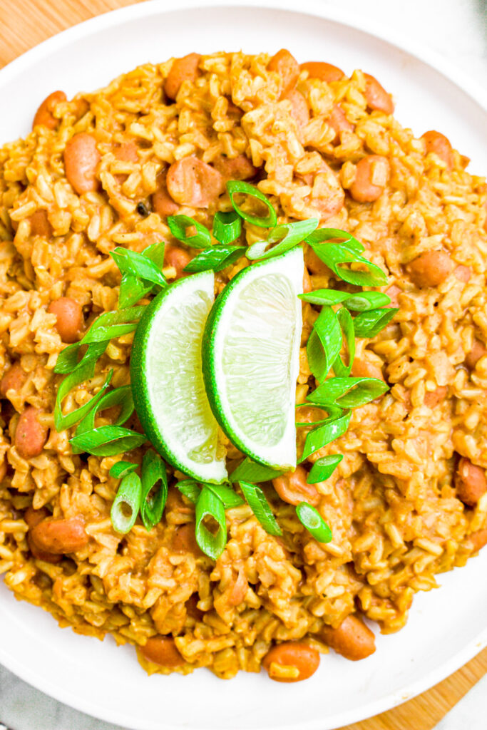 Overhead close up photo of a plate of rice and beans topped with sliced limes and scallions.