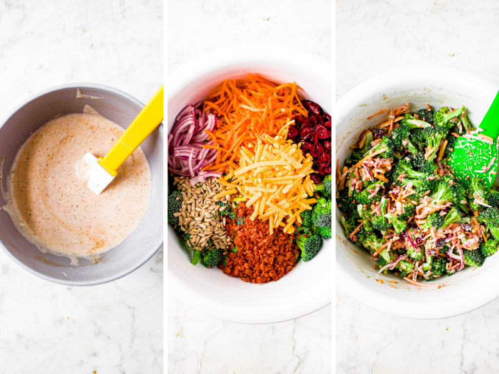 A grid with three photos showing the process of making vegan broccoli salad