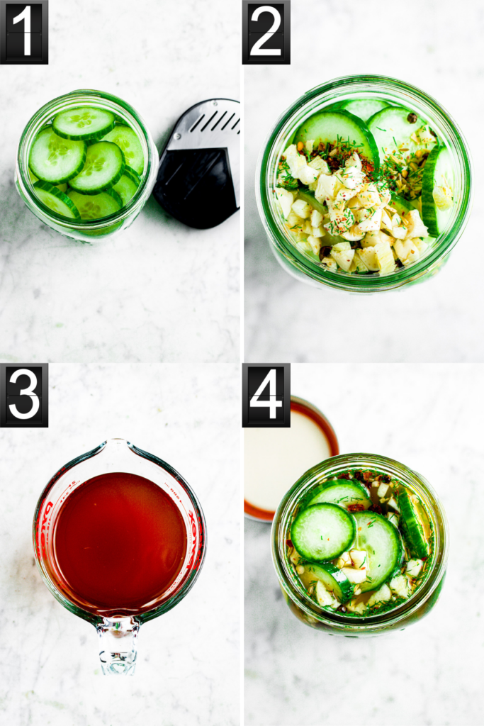 A grid with four photos showing the process of making spicy maple bourbon pickles