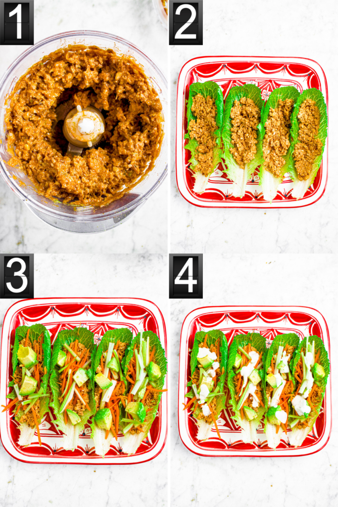 A grid with four photos showing the process of making and assembling a spicy vegan lettuce wrap with buffalo walnut meat