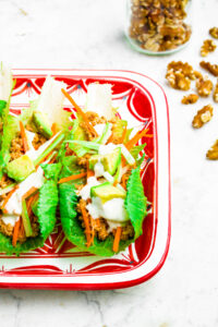 Head on photo of a square plate with a red design around the edges with two baby romaine lettuce wraps on top and a clear glass jar full of walnuts in the background