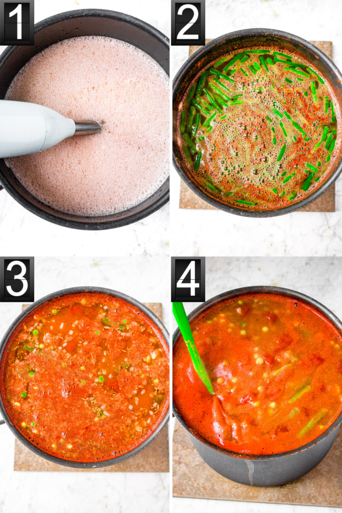 A grid with 4 photos showing the process of making Copycat Campbell's vegetable soup