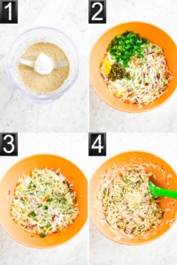 A grid of four photos showing the process of making vegan tahini slaw