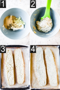 A grid of 4 photos showing the process of making easy vegan garlic bread with Italian bread and dairy-free garlic butter