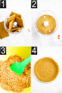 A grid with four photos showing the process of making graham cracker pie crust at home from graham crackers and coconut oil